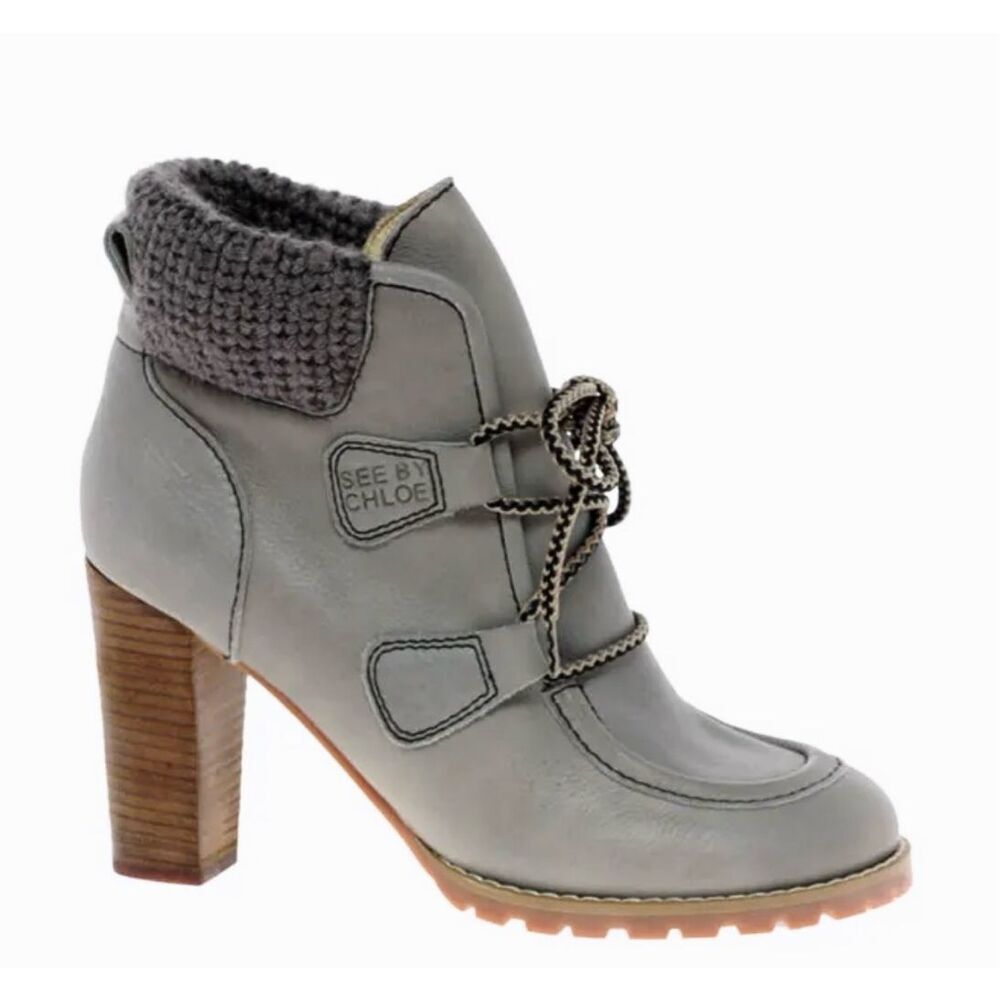 See by Chloe Leather Lace Up Booties‎ Boots EU 37.5 US 7.5 Gray Heeled